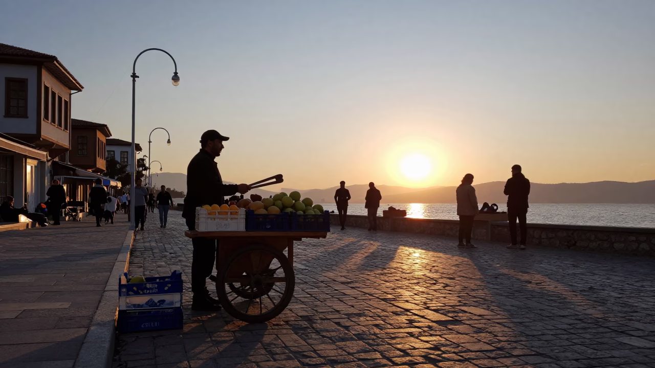 Sunset Street Scene in Izmir Turkey with Fruit Crate and Tongs in in Izmir, Turkey
