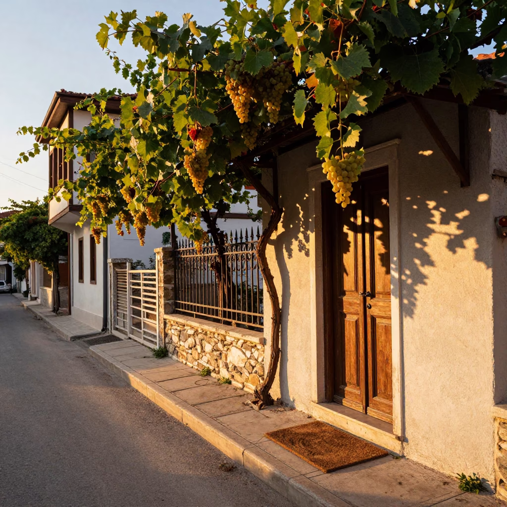 Sunset Street Scene in Izmir Turkey with Grapevine and Doormat in in Izmir, Turkey
