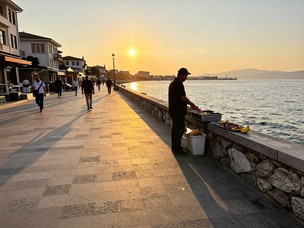 Sunset Street Scene in Izmir Turkey with Grilled Fish on Banana Leaf in in Izmir, Turkey
