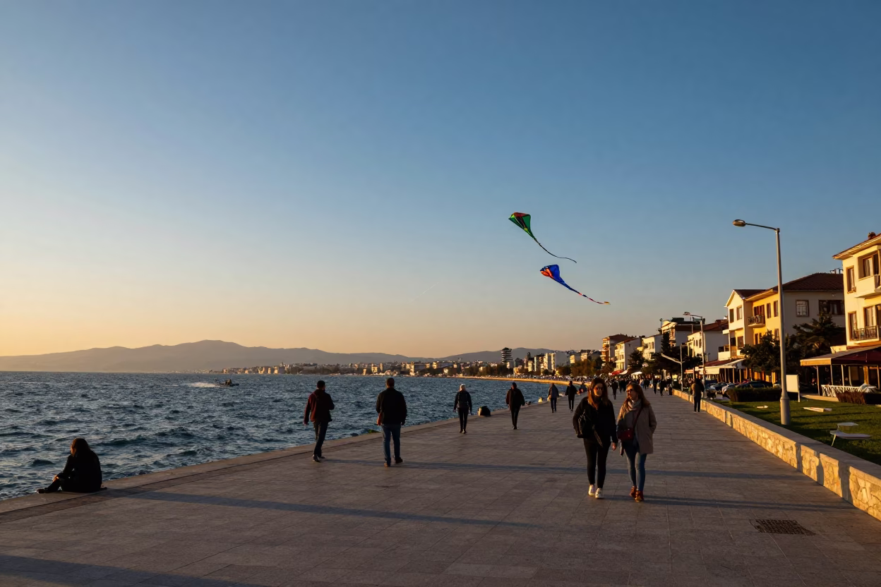 Sunset Street Scene in Izmir Turkey with Kites and Coastal Activity in in Izmir, Turkey