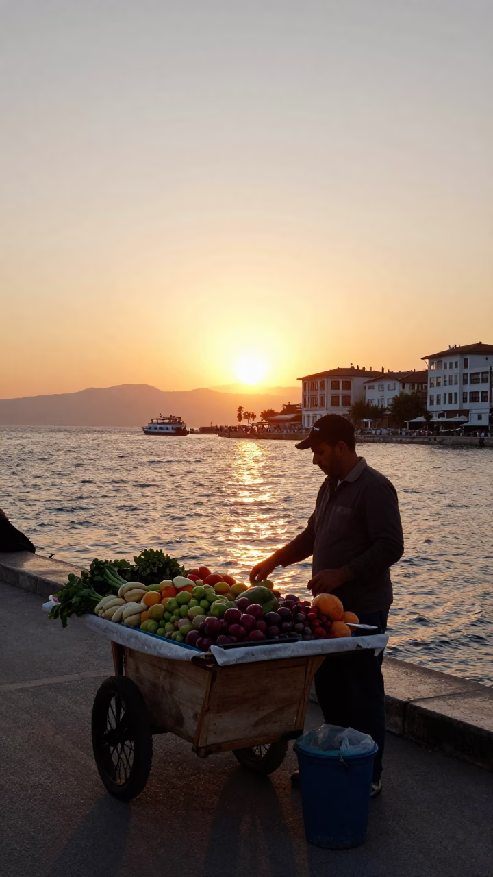 Sunset Street Scene in Izmir Turkey with Local Vendors and Urban Details in in Izmir, Turkey