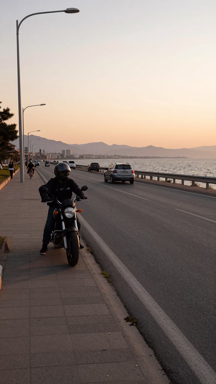 Sunset Street Scene in Izmir Turkey with Motorcycle and Coastal Highway in in Izmir, Turkey