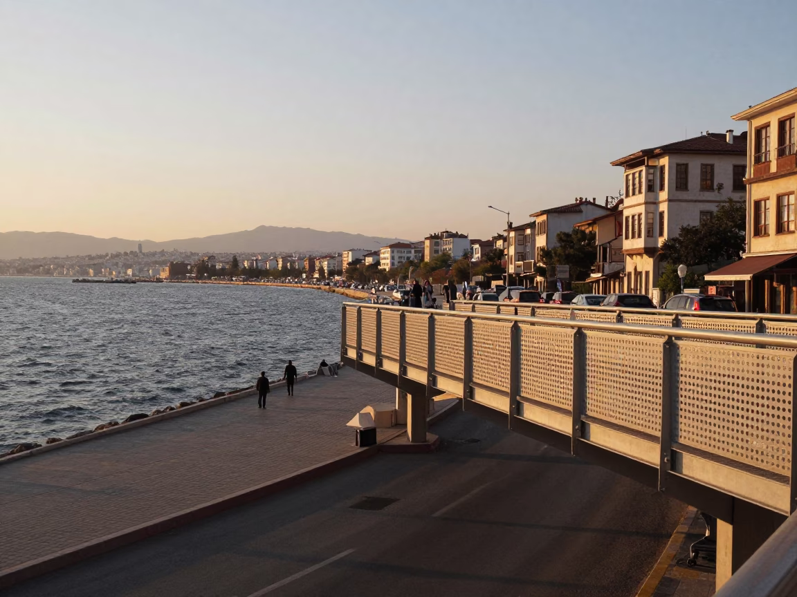 Sunset Street Scene in Izmir Turkey with Pedestrian Overpass and Charcoal Grill in in Izmir, Turkey