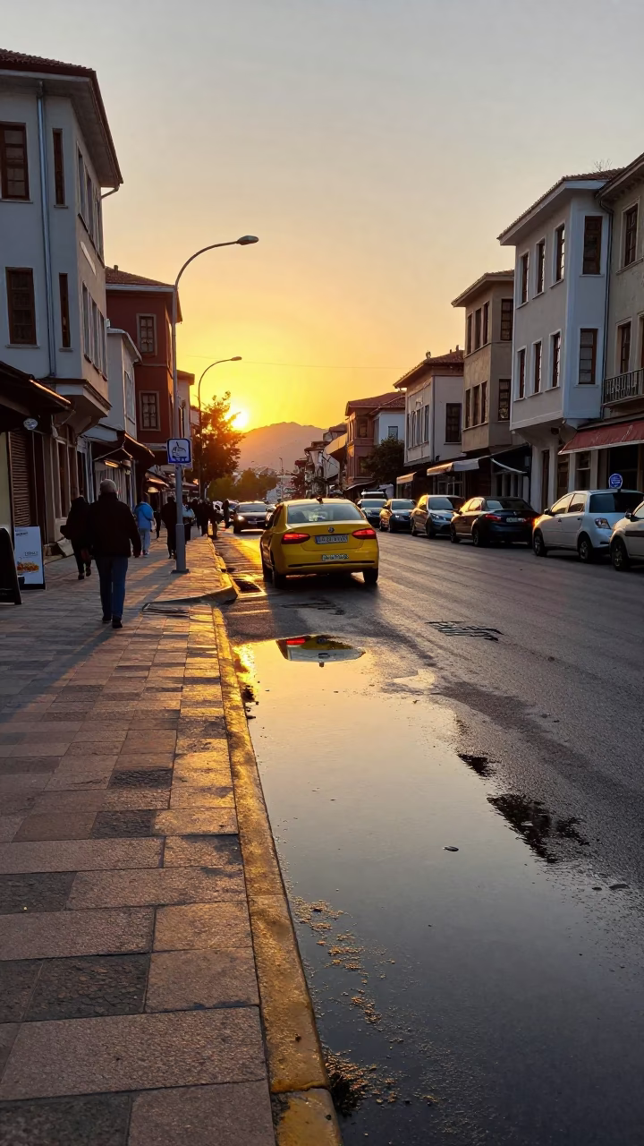 Sunset Street Scene in Izmir Turkey with Puddle Reflections and Yellow Taxi in in Izmir, Turkey