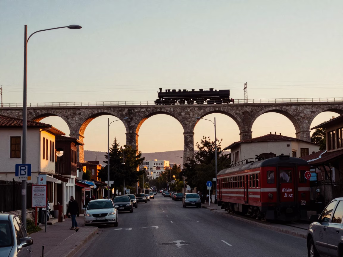 Sunset street scene in Izmir Turkey with railway viaduct and local commerce in in Izmir, Turkey