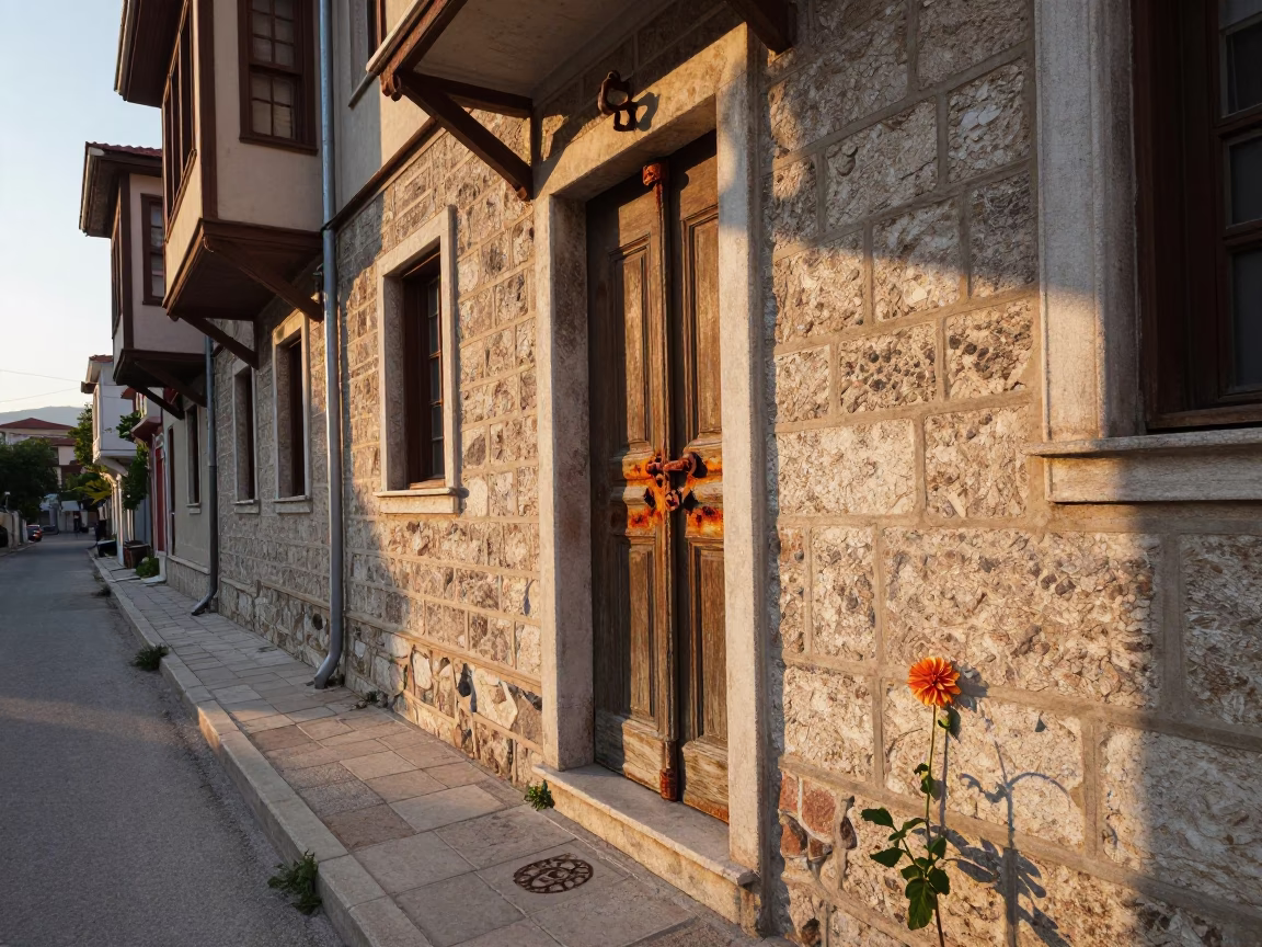 Sunset Street Scene in Izmir Turkey with Rusty Hinge and Dahlia Blooms in in Izmir, Turkey