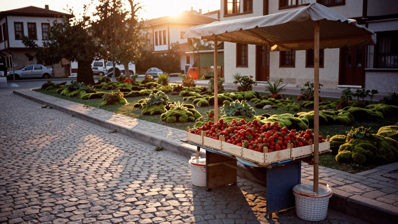 Sunset street scene in Izmir Turkey with strawberries and moss garden details in in Izmir, Turkey