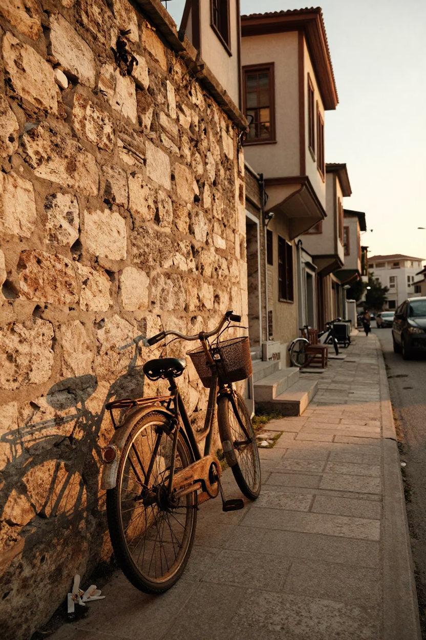 Sunset street scene in Izmir Turkey with vintage bicycle and urban architecture in in Izmir, Turkey