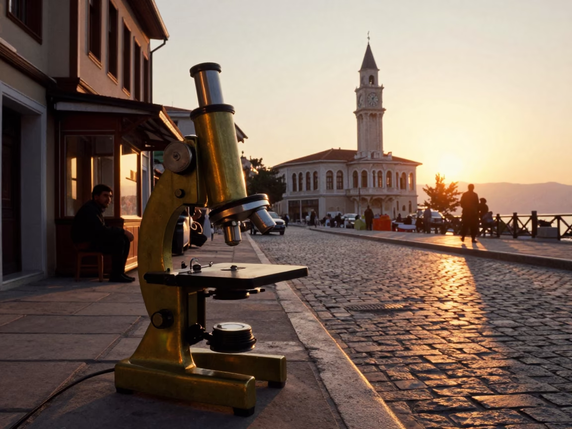 Sunset Street Scene in Izmir Turkey with Vintage Brass Microscope and Local Market Activity in in Izmir, Turkey
