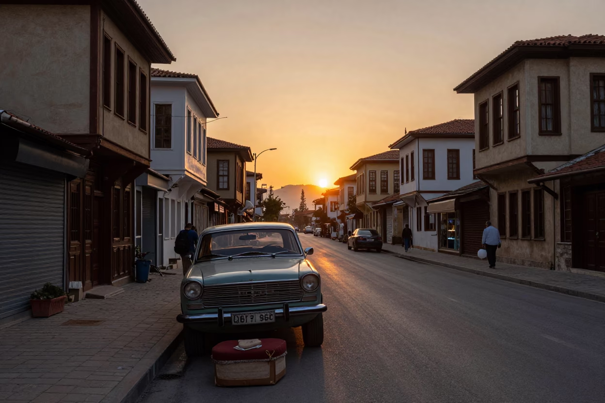 Sunset Street Scene in Izmir Turkey with Vintage Car and Ottoman Architecture in in Izmir, Turkey