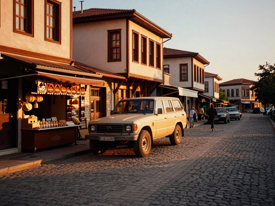 Sunset Street Scene in Izmir Turkey with Vintage SUV and Local Market Details in in Izmir, Turkey