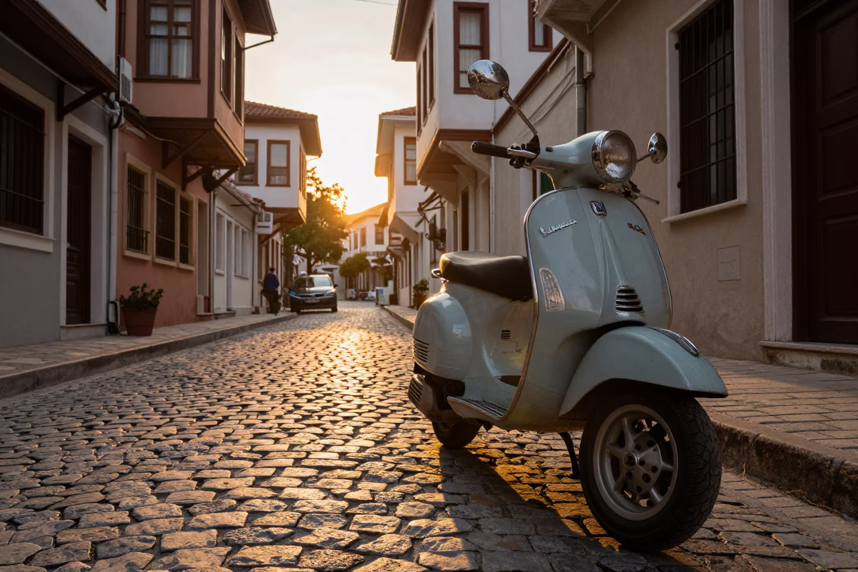 Sunset Street Scene in Izmir Turkey with Vintage Vespa on Cobblestone Lane in in Izmir, Turkey