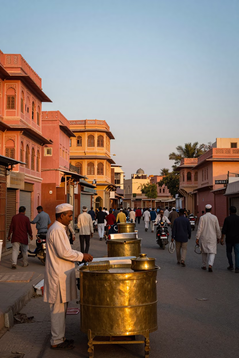 Sunset Street Scene in Jaipur India with Brass Vendors and Traditional Architecture in in Jaipur, India