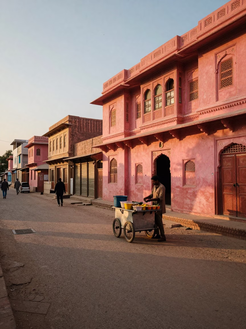 Sunset Street Scene in Jaipur India with Chai Stall and Traditional Pink Architecture in in Jaipur, India