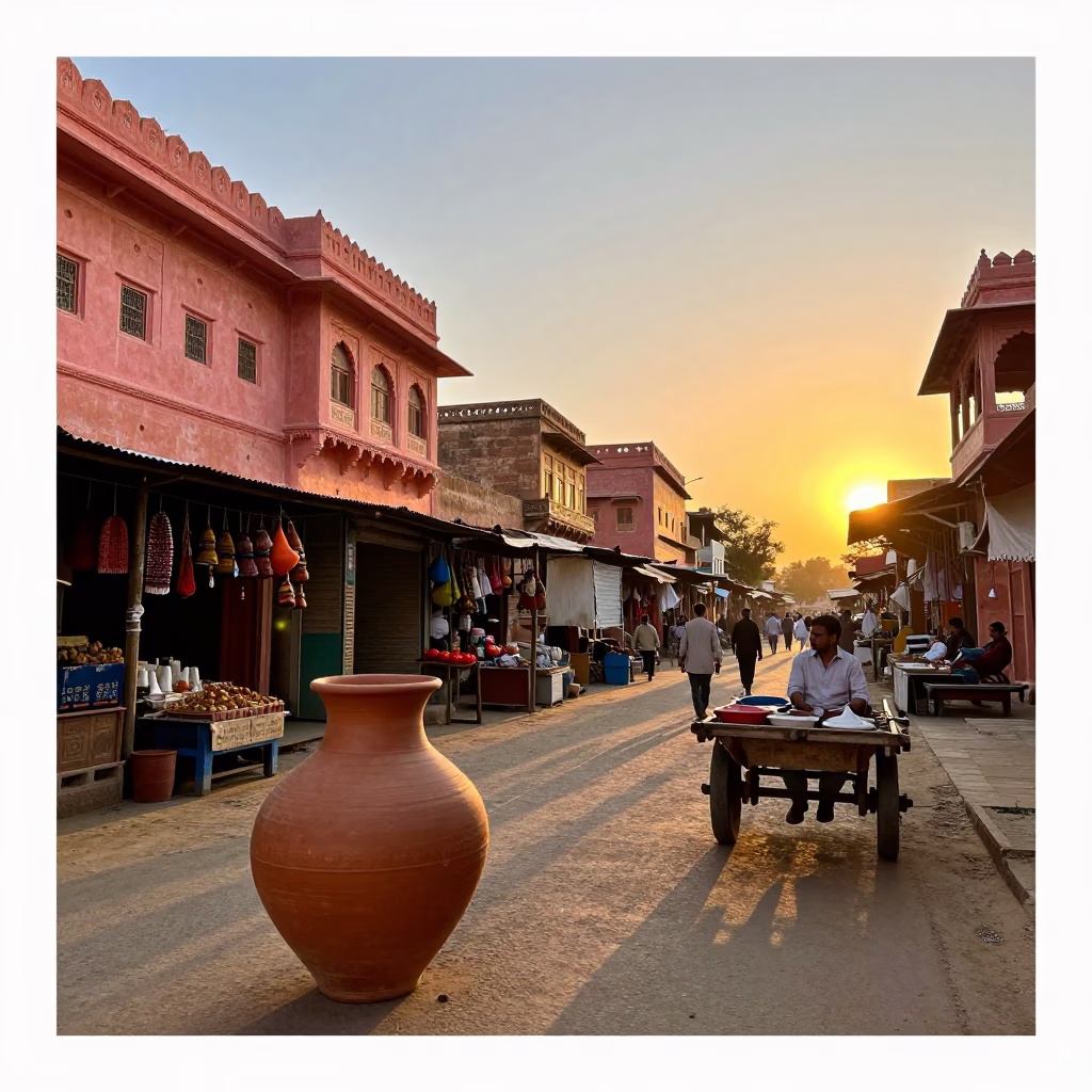 Sunset Street Scene in Jaipur India with Clay Pot and Traditional Elements in in Jaipur, India