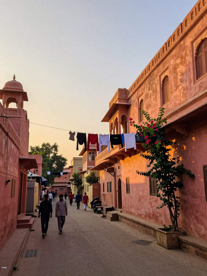 Sunset Street Scene in Jaipur India with Clothesline and Flowering Plant in in Jaipur, India