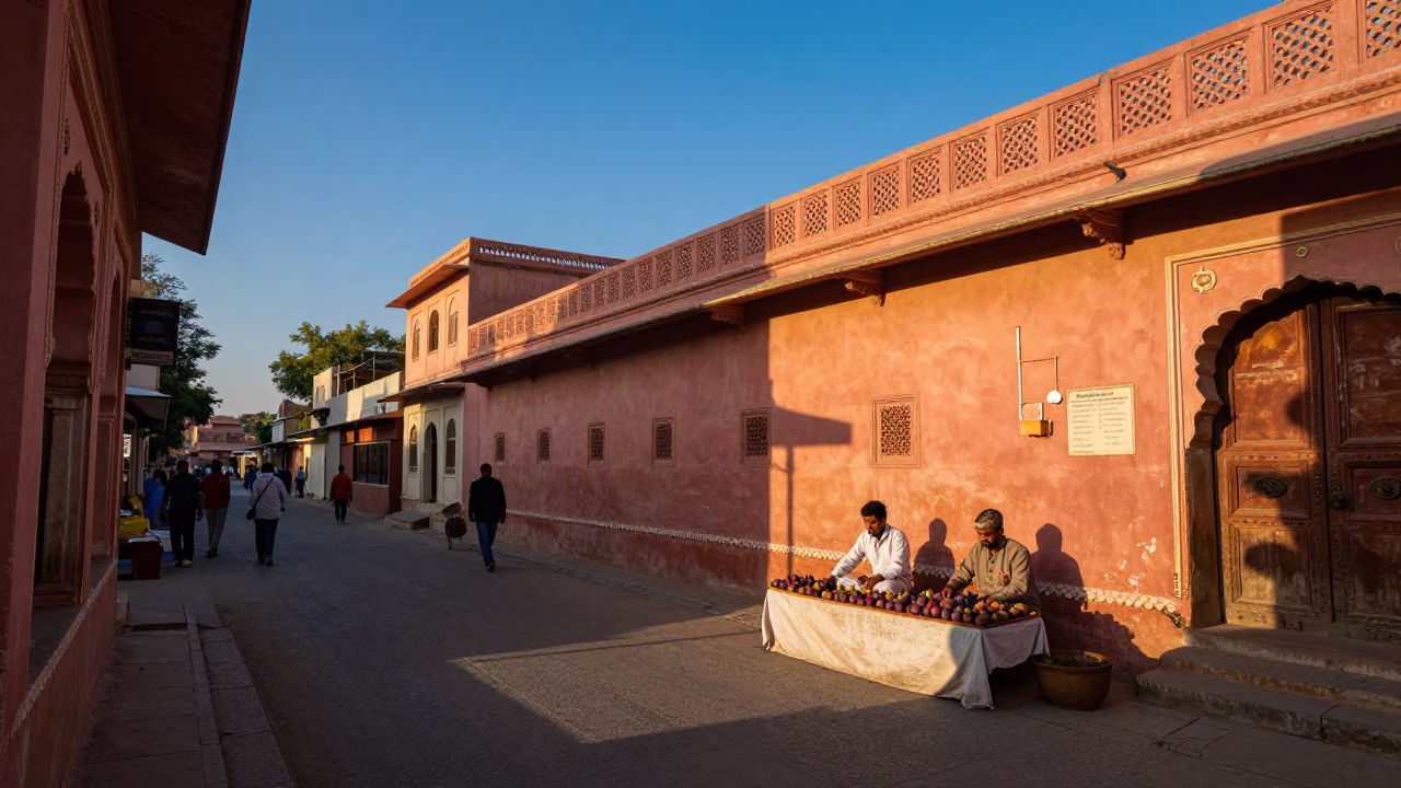 Sunset Street Scene in Jaipur India with Figs and Traditional Elements in in Jaipur, India