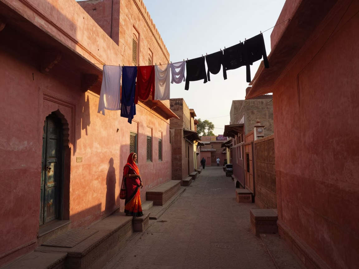 Sunset street scene in Jaipur India with hanging laundry and traditional architecture in in Jaipur, India