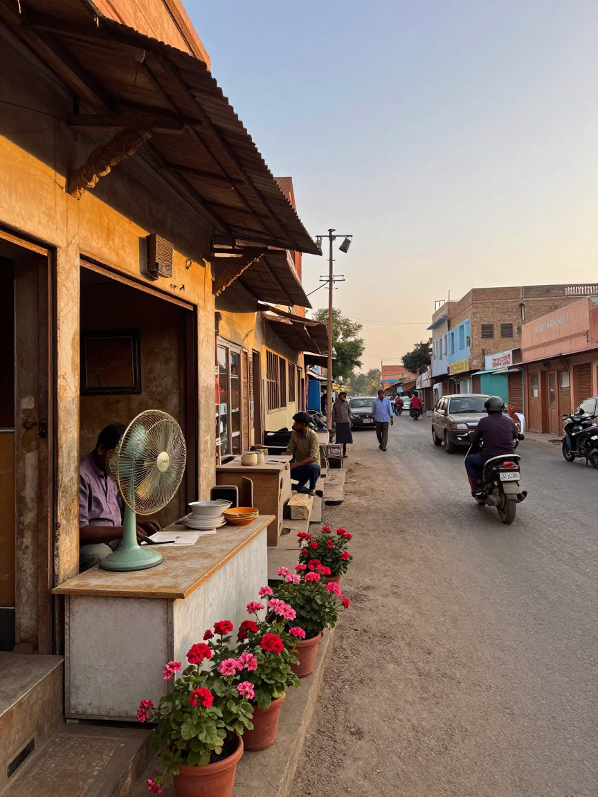 Sunset Street Scene in Jaipur India with Potted Geraniums and Local Market Activity in in Jaipur, India