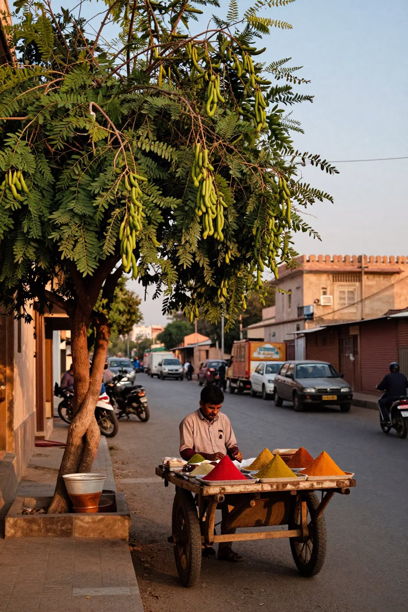 Sunset Street Scene in Jaipur India with Tamarind Tree and Local Market Activity in in Jaipur, India
