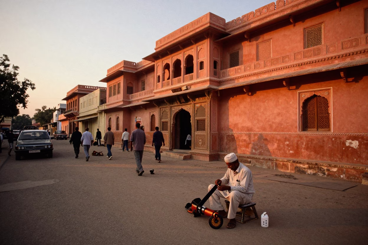 Sunset Street Scene in Jaipur India with Tool Rolls and Hacksaw on Busy Sidewalk in in Jaipur, India