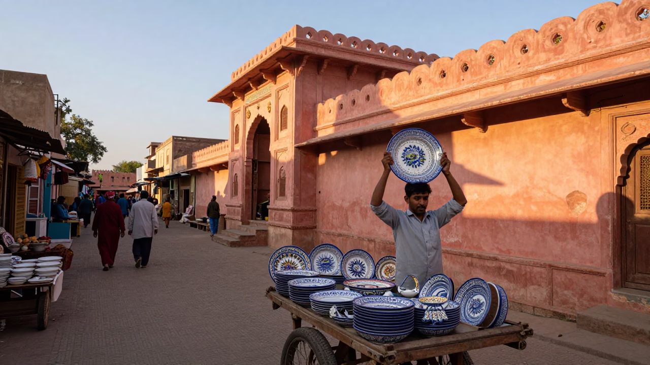 Sunset Street Scene in Jaipur India with Vintage Majolica Plate and Incense Holder in in Jaipur, India