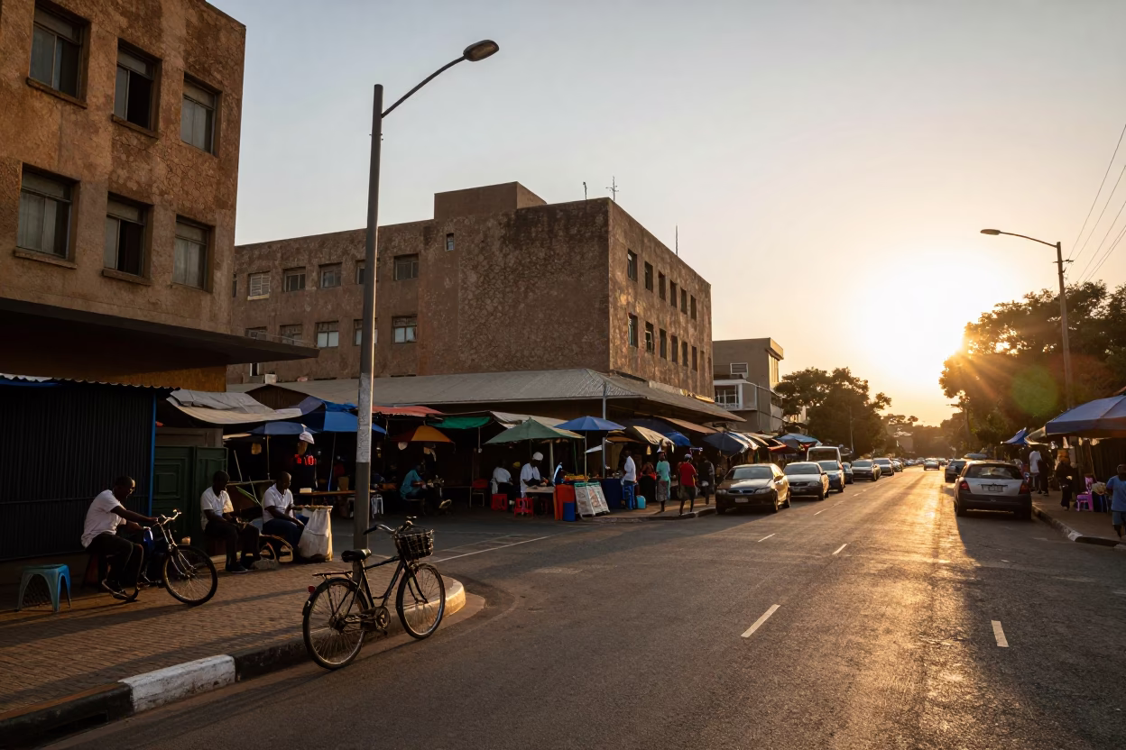 Sunset Street Scene in Johannesburg South Africa with Bicycle and Local Market Activity in in Johannesburg, South Africa