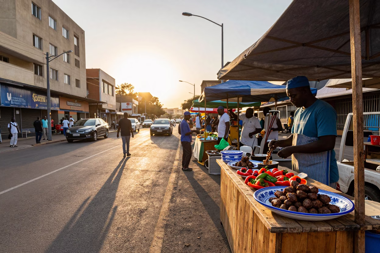 Sunset Street Scene in Johannesburg South Africa with Blue White Porcelain Plate and Kofte in in Johannesburg, South Africa