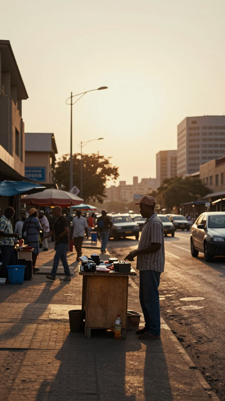 Sunset Street Scene in Johannesburg South Africa with Local Market Vendor and Dried Flowers in in Johannesburg, South Africa