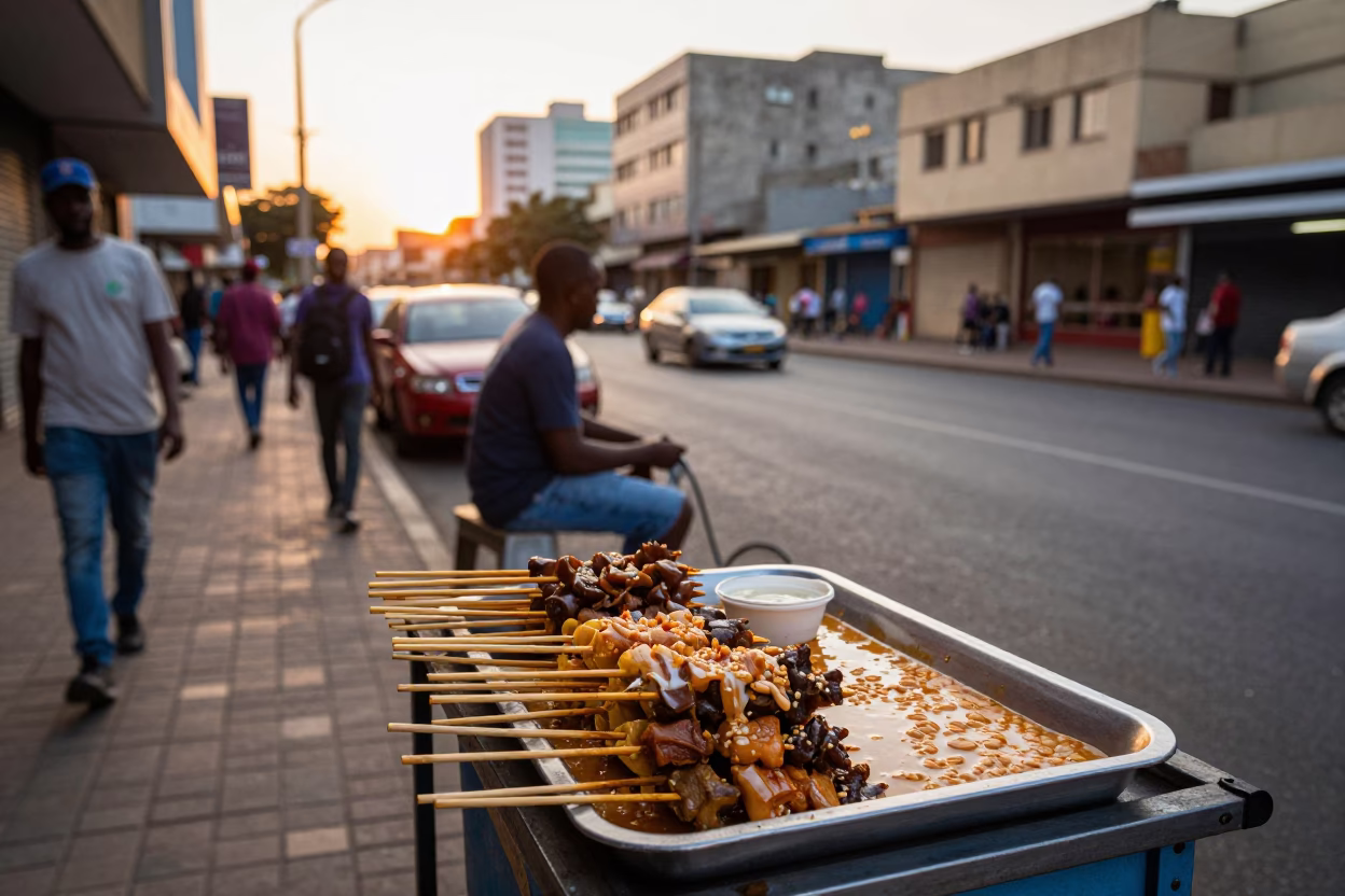 Sunset Street Scene in Johannesburg South Africa with Satay Skewers and Urban Infrastructure in in Johannesburg, South Africa
