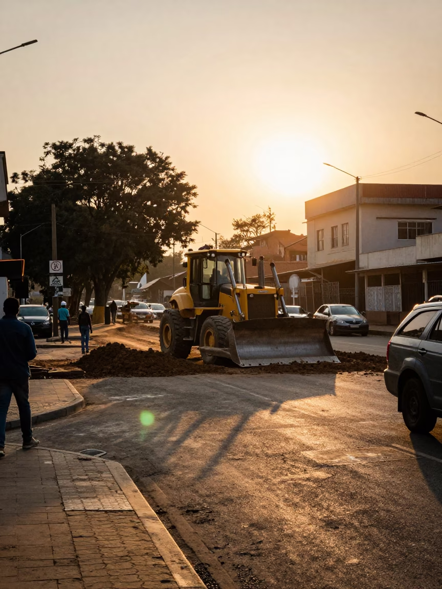 Sunset Street Scene in Johannesburg with Bulldozer and Local Life in in Johannesburg, South Africa