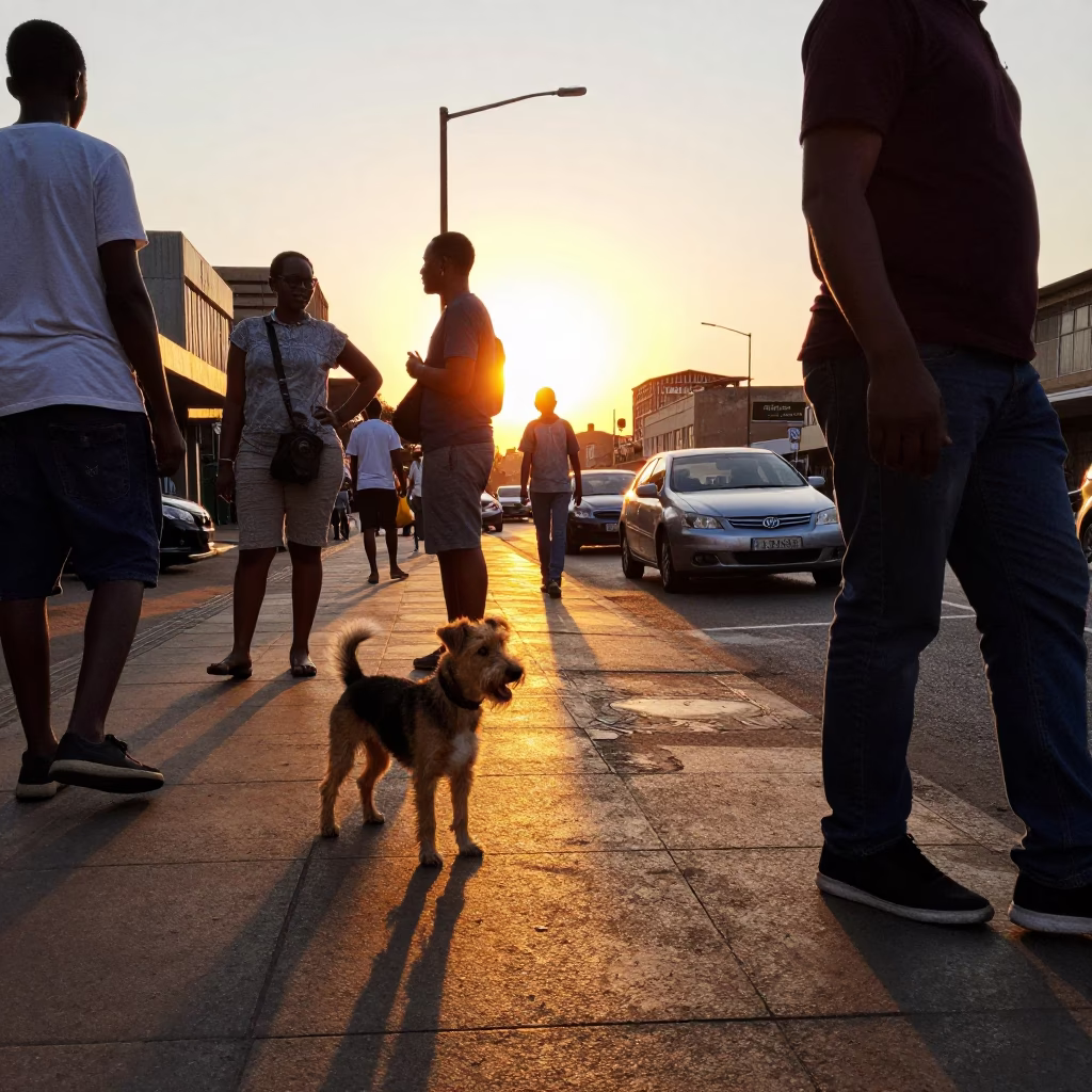 Sunset Street Scene in Johannesburg with Wire Fox Terrier and Busy Urban Life in in Johannesburg, South Africa