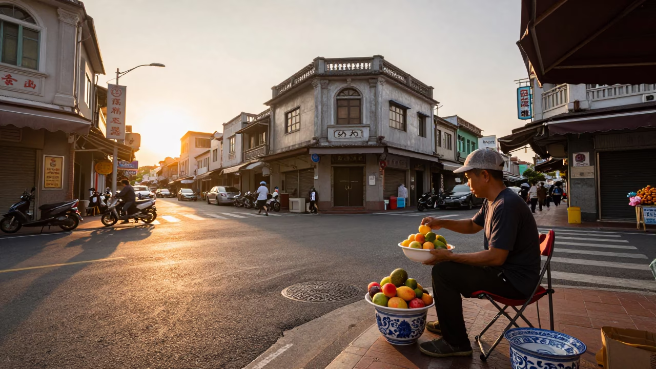 Sunset Street Scene in Kaohsiung Taiwan with Folding Chair and Porcelain Bowl in in Kaohsiung, Taiwan