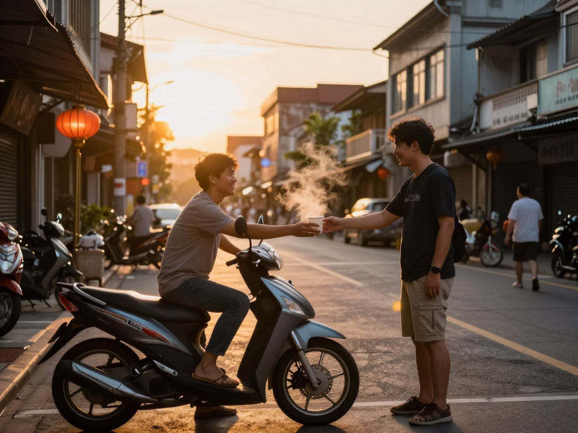 Sunset Street Scene in Kaohsiung Taiwan with Motorcycle and Lantern in in Kaohsiung, Taiwan