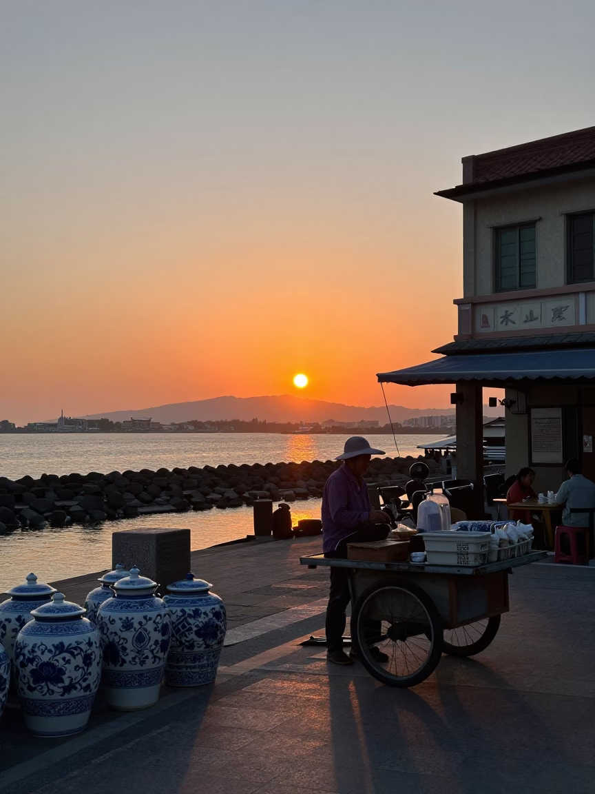 Sunset Street Scene in Kaohsiung Taiwan with Porcelain Jars and Local Life in in Kaohsiung, Taiwan