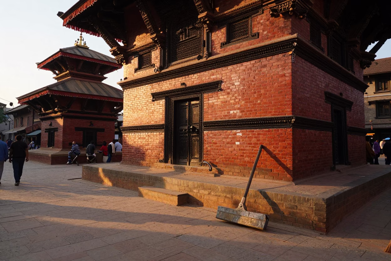Sunset Street Scene in Kathmandu Nepal with Boot Scraper and Local Life in in Kathmandu, Nepal