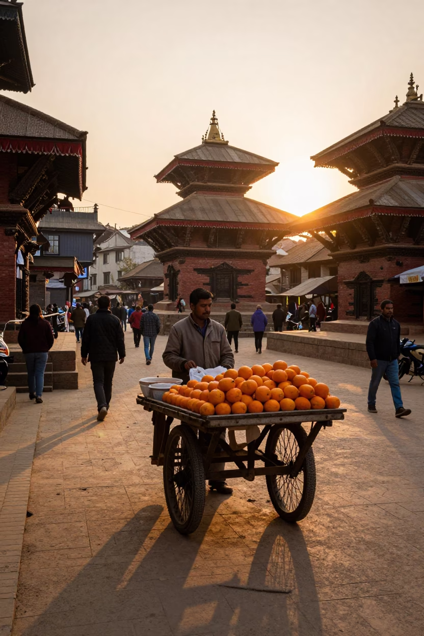 Sunset Street Scene in Kathmandu Nepal with Fruit Vendors and Daily Life in in Kathmandu, Nepal