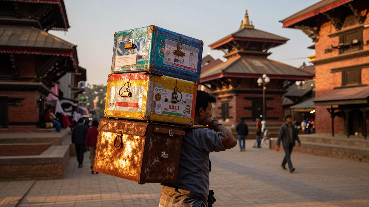 Sunset Street Scene in Kathmandu Nepal with Tin Box and Rusty Handle in in Kathmandu, Nepal
