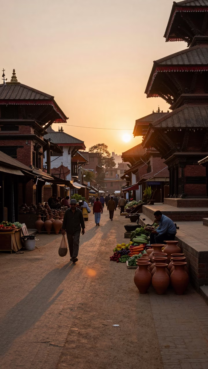 Sunset street scene in Kathmandu Nepal with traditional clay pots and daily life activities in in Kathmandu, Nepal