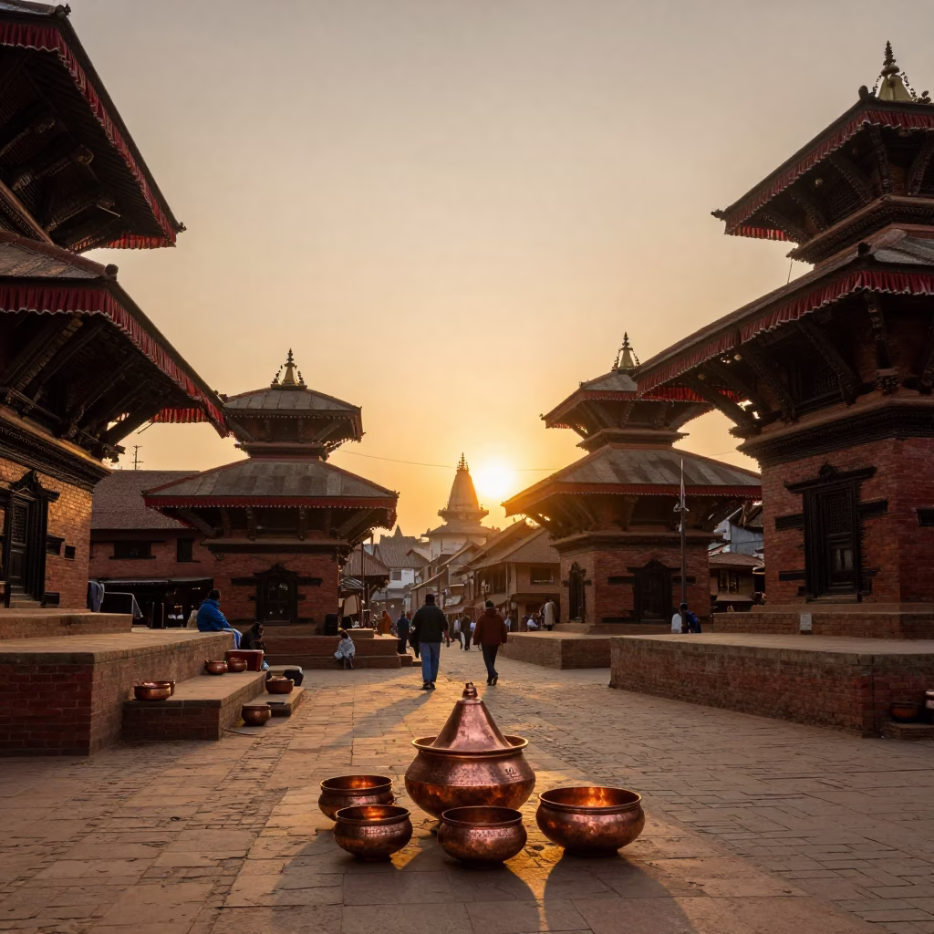 Sunset Street Scene in Kathmandu Nepal with Traditional Copper Bowls and Handmade Paper Drying in in Kathmandu, Nepal