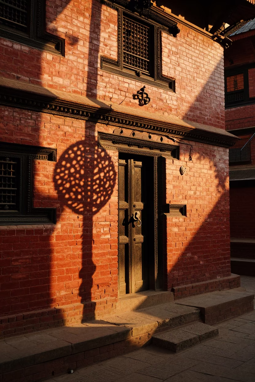 Sunset street scene in Kathmandu Nepal with wicker shadow on wall and door latch in in Kathmandu, Nepal