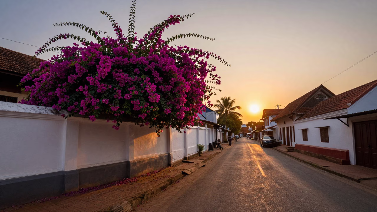 Sunset Street Scene in Kochi India with Bougainvillea and Traditional Architecture in in Kochi, India