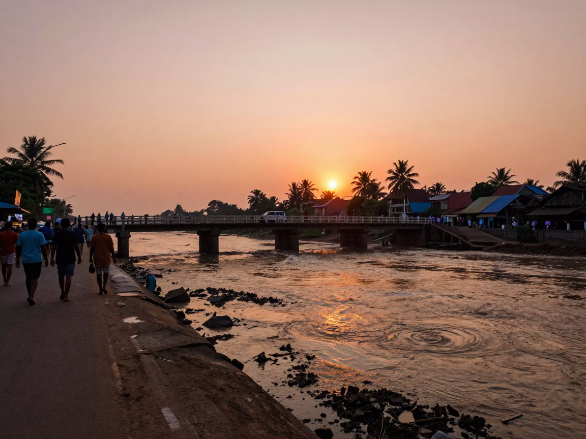 Sunset Street Scene in Kochi India with Bridge Pier and Muddy Water in in Kochi, India