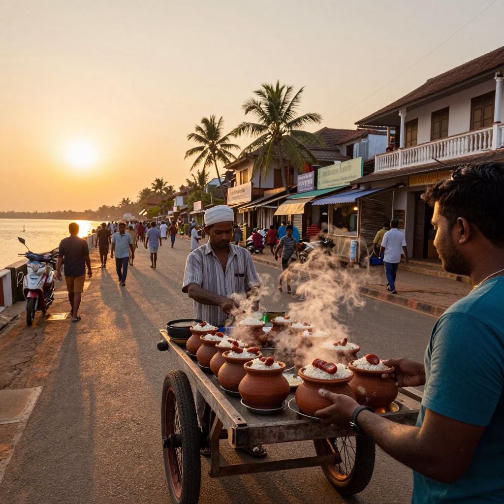 Sunset Street Scene in Kochi India with Clay Pot Rice and Local Market Life in in Kochi, India