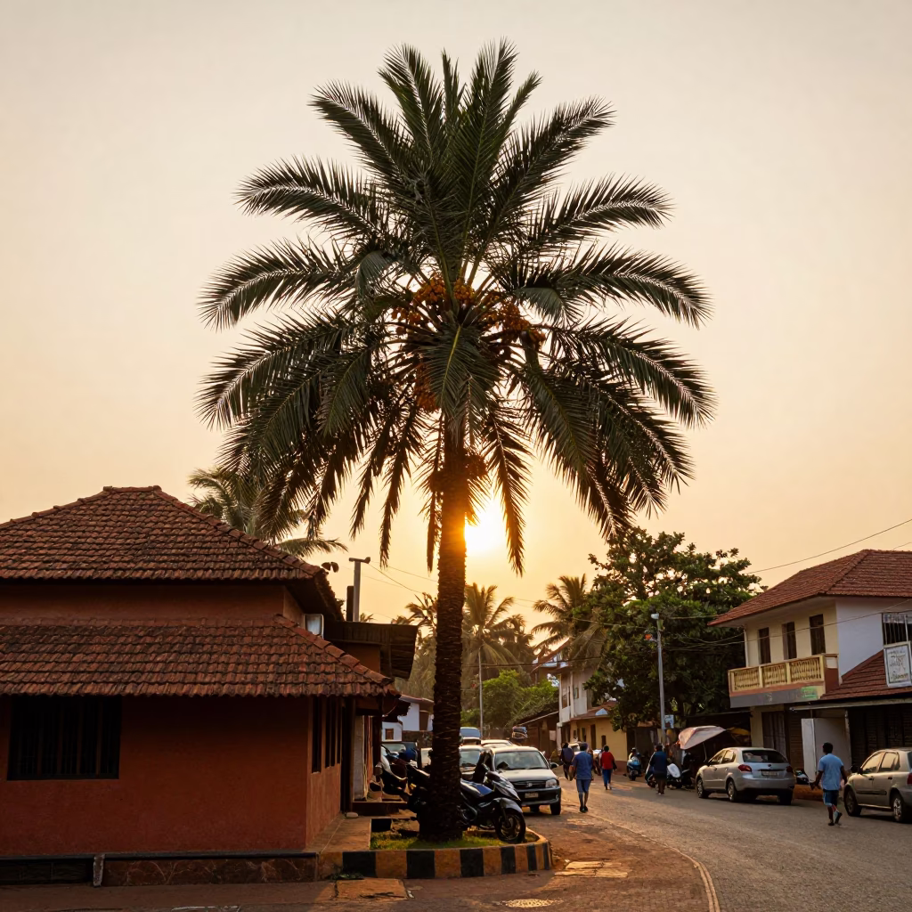 Sunset street scene in Kochi India with date palm and terracotta pot in in Kochi, India
