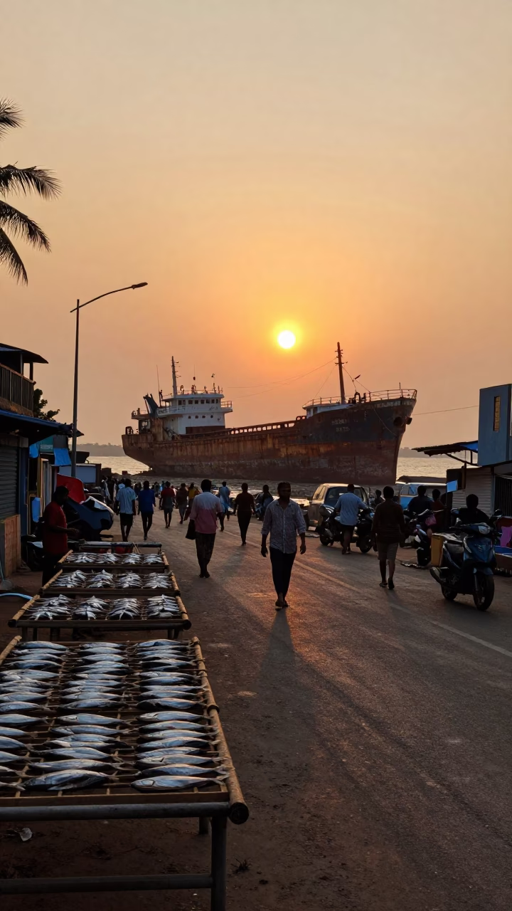 Sunset Street Scene in Kochi India with Drying Fish Racks and Rusting Shipwreck in in Kochi, India