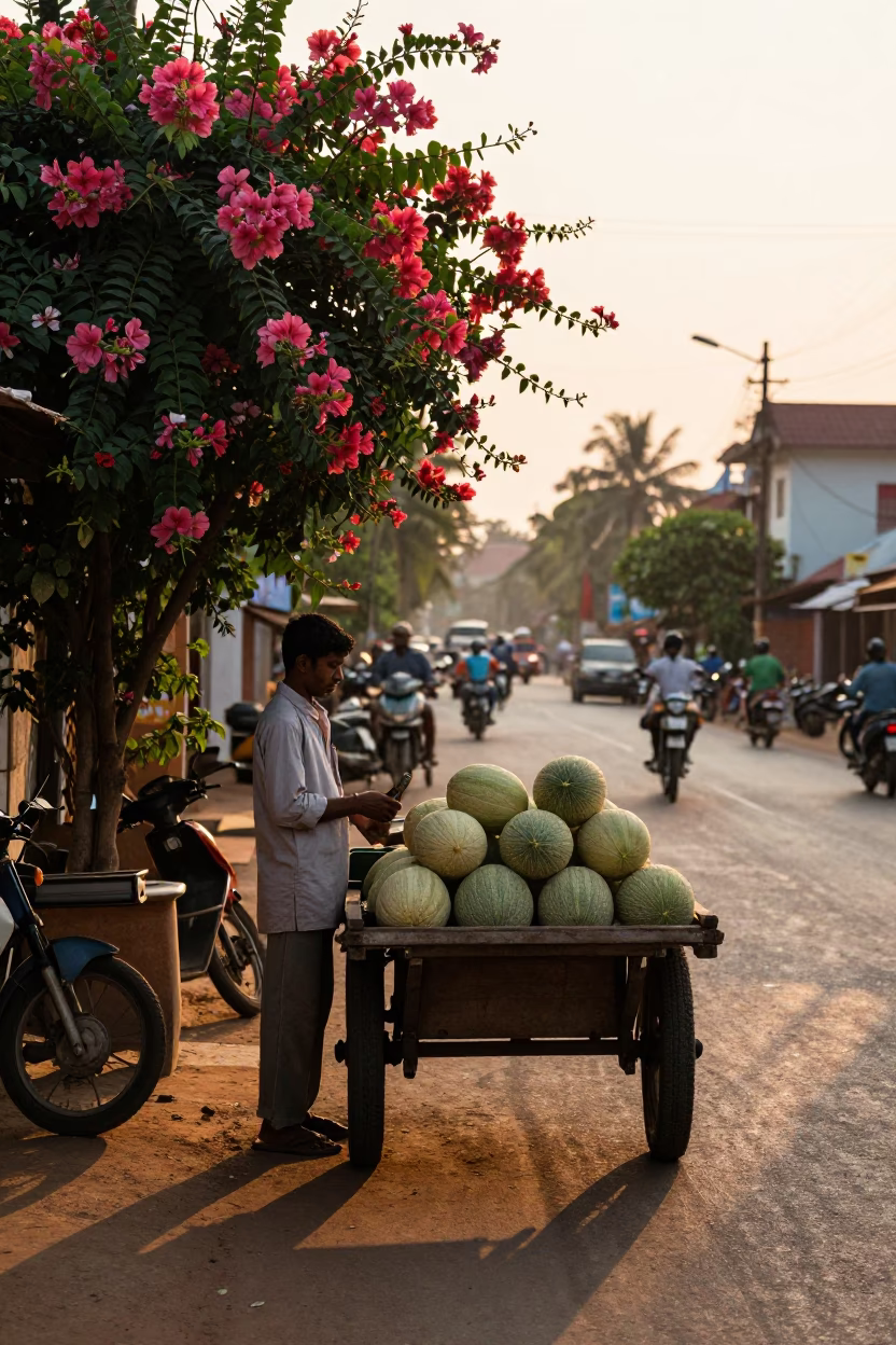 Sunset Street Scene in Kochi India with Flowering Plant and Melons on Cart in in Kochi, India