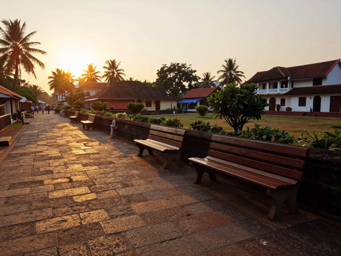 Sunset Street Scene in Kochi India with Garden Benches and Local Life in in Kochi, India