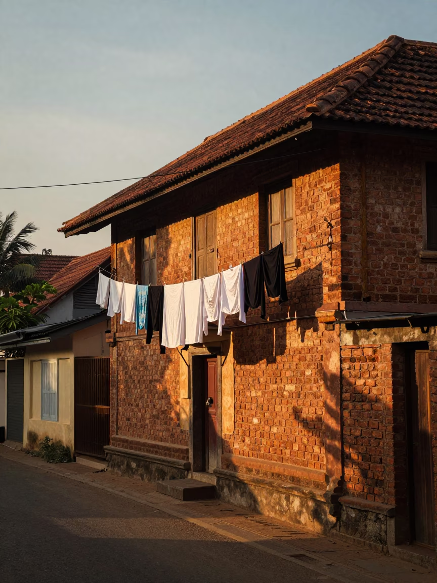 Sunset Street Scene in Kochi India with Hanging Laundry and Traditional Architecture in in Kochi, India