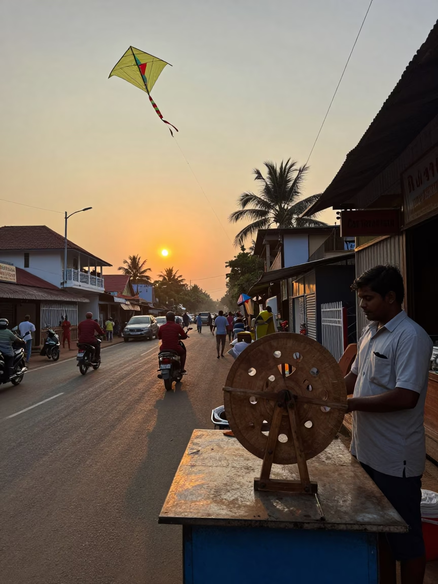 Sunset Street Scene in Kochi India with Kite Reel and Local Activity in in Kochi, India